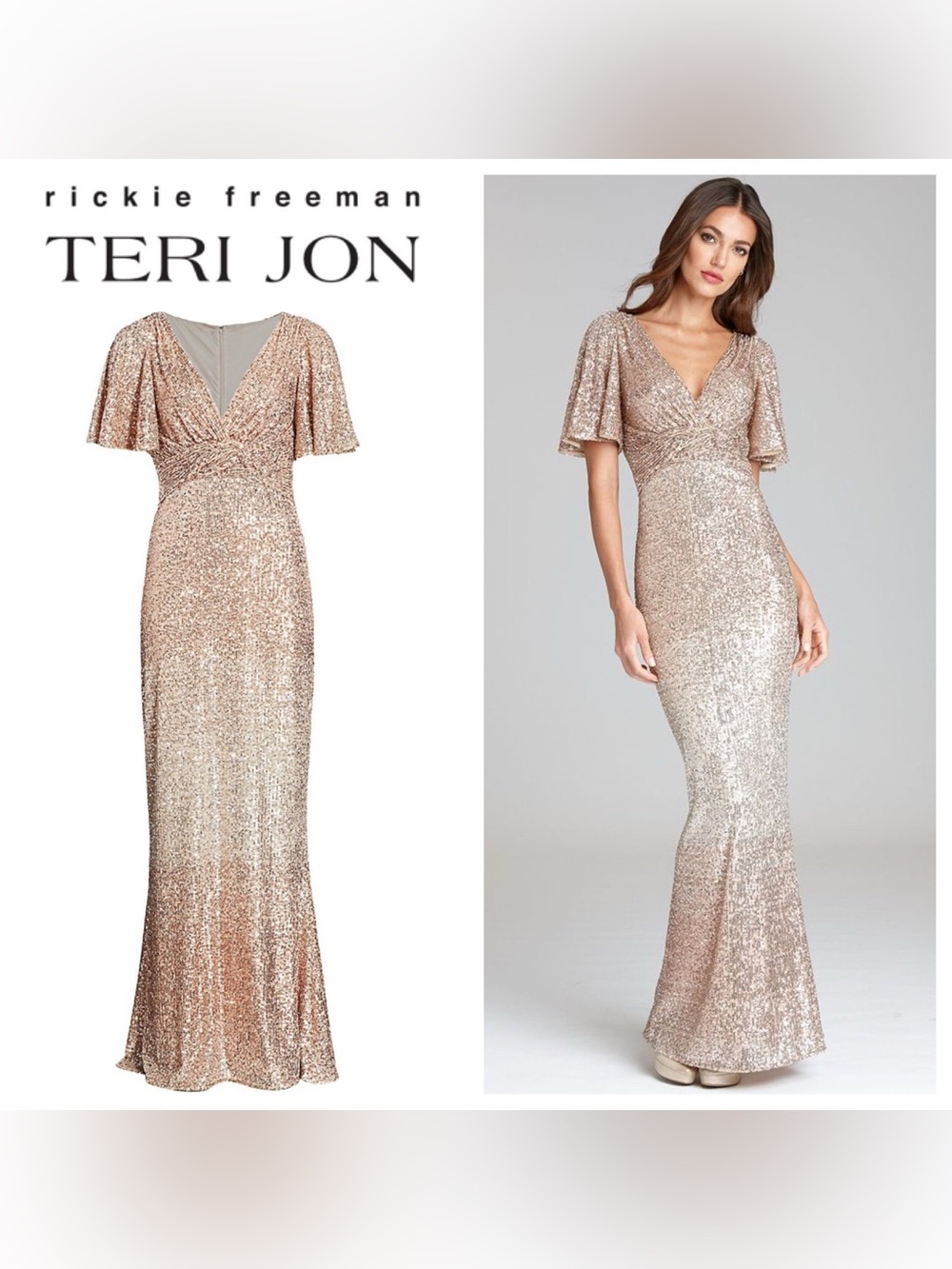 Teri Jon Rose Gold Sequin V-Neck Flutter Sleeve Maxi Gown